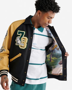 Chaqueta Varsity al por Mayor con Mangas de Cuero Vacuno, Parches Bordados con Logotipo, Ropa de Estilo Urbano, Uniforme Escolar de Béisbol - Product Image 6