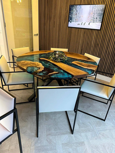 Table de salle à manger en bois d'acacia et résine, faite à la main, étanche, pour salon, idéale comme cadeau de mariage, de retraite ou de Diwali - Product Image 6