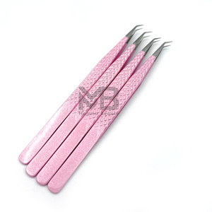 Pinzas de extensión de pestañas, puntas plateadas de agarre de diamante de aislamiento largo de 45 grados, acero inoxidable japonés, recubierto de Color rosa claro - Product Image 2