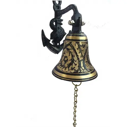 Handcrafted Brass Wall Hanging Bell with Anchor Black