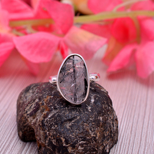 Christmas Gift Natural 925 Silver Black Rutile Quartz 18x12mm Uneven Oval Gemstone <b>Ring</b> 4.12 gm Sterling Silver Girl <b>Finger</b> <b>Ring</b> - Product Image 4