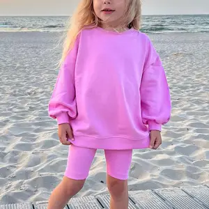 Kids Clothing Sets Fashion Tracksuit 2 Piece Outfits Custom Design Logo Girls Oversized Crewneck Sweatshirt And Short Set