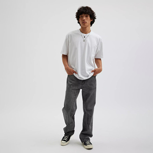 T-shirt décontracté uni blanc surdimensionné coupe ample 100% coton pour hommes T-shirt col rond manches courtes épaules tombantes T-shirts avec logo personnalisé - Product Image 3