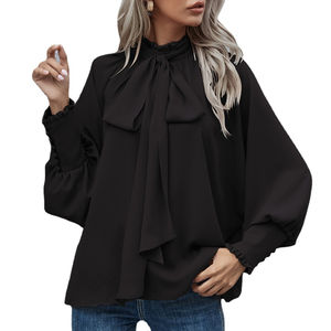 Camisa de manga larga abullonada para mujer al por mayor, blusa informal con cuello levantado y pajarita de nuevo diseño, blusas informales holgadas de Color sólido de Europa - Product Image 1