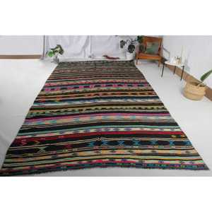 Alfombra Vintage Extra Grande, Alfombra Turca de 6.8x13.7 pies, Alfombra de Lana Kilim Negra - Product Image 1