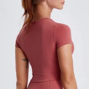 Custom Wholesale Women Sexy Tight Yoga Crop <b>Top</b> Short Sleeve Quick Dry Fitness Gym Training <b>Top</b> with <b>Crossed</b> Hem - Product Image 6
