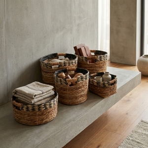 Natural Banana Bark Recycled <b>Plastic</b> Storage <b>Basket</b> Set Black Braided Rim Cutout Handle Pot Planter Organizer Setup Pure Art - Product Image 3