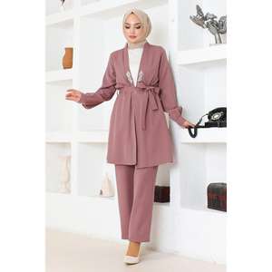 MSW19203-3 Ensemble 2 pièces décontracté avec détails roses et pierres, hauts mi-longs à col rond 100% polyester - Product Image 1