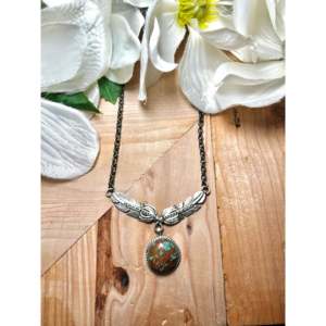 LeRoy James # Collier en or blanc 8 carats avec turquoise, topaze et diamants, serti en forme d'ailes, plaqué rhodium, platine, taille princesse - Product Image 1