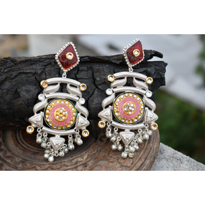 traditional new design handmade <b>silver</b> look alike brass stone stud big ghungro hoop earing for girls and women - Product Image 4