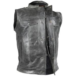 Gilet club en cuir de vachette gris vieilli avec col rond, fermeture boutonnée et poches intérieures à pression, respirant pour l'automne - Product Image 3