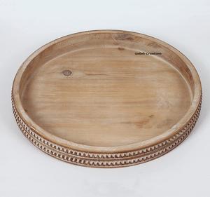 Bandeja decorativa redonda de madera de mango encalada hecha a mano bandeja decorativa de estilo Vintage rústico para servir, exhibir y decorar el hogar - Product Image 1