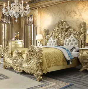 Juego de dormitorio de jazmín clásico de lujo con Material de madera maciza, tallado a mano de alta calidad y acabado dorado