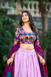 ชุดปาร์ตี้งานแต่งสไตล์อินเดียชุด lehenga choli ลายฟอยล์ผ้าไหมทัสซาร์เย็บอย่างเต็มที่ - Product Image 2