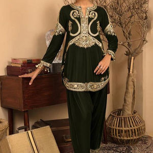 Best Quality Premium Party/Wedding Wear Designer Zari Embroidery Work Diamonds Sequined Short Kurta Salwar <b>Dress</b> 100% Silk - Product Image 1