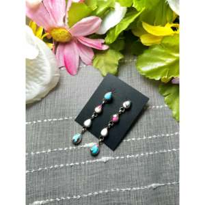 Pendientes Colgantes de Plata de Ley con Dalia de Algodón Dulce Hecha a Mano Navajo y Turquesa, con Forma de Gota de Agua - Product Image 3