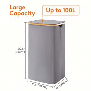 100L Laundry <b>Basket</b> with Lid Foldable Clothes Hampers with <b>Bamboo</b> Handles and a Removable Laundry Bag - Product Image 3
