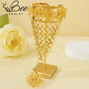 Luxury 24K Gold Hollow Flower Wrists Bracelet <b>Ring</b> <b>Arab</b> Bridal Beaded Big Hand Chain Finger Jewelry Set for Women - Product Image 2