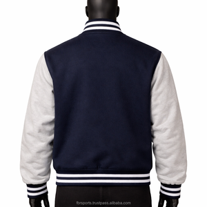 Unisex Navy Blue Knitted Varsity <b>Jacket</b> with Gray Sleeves and <b>White</b> Stripes Preppy Style Regular Fit Winter Wear - Product Image 6