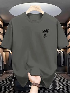 Camiseta de Manga Corta Verde Oliva para Hombre, Estampado de Palmeras, Cuello Redondo, Corte Holgado, Tela de Lona, Impresión Digital, Secado Rápido - Product Image 1