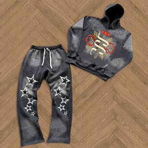 Trending Custom Embroidery Sweat Suits Hoodie and Jogger Two Piece Set Sports <b>Tech</b> Fleece <b>Washed</b> Vintage Tracksuit for Men - Product Image 2
