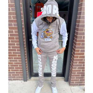 Mens black and orange tracksuit set graphic print hoodie and matching jogger pants streetwear outfit - Product Image 2