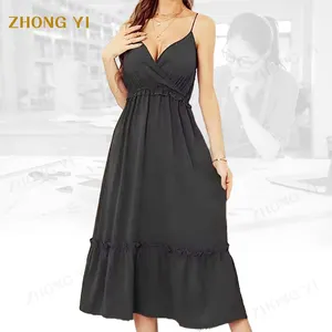 Hot Sale New Sell Sexy Sleeveless Deep V Neck Midi Solid Color Chiffon Ruffled Spaghetti Strapped Party Club Women Clothes Dress