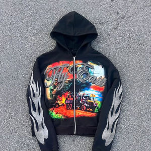 Sudadera con capucha de algodón con diamantes de imitación 100%, ropa de calle de moda, estampado Digital con letras, diamantes de imitación gráficos, sudadera con cremallera para hombre - Product Image 2