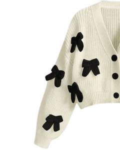 Manufacturer Customized <b>Women</b> <b>White</b> Cropped Knit <b>Cardigan</b> Sweater With Black Bow Appliques V Neck Button Front Fashion Winter - Product Image 3