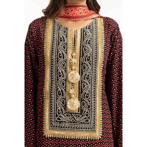 IUSTKSD-732 Ensemble 3 pièces décontracté pour femme en mousseline de soie imprimée laquée or, brodé, manches longues, pour l'été - Élégant pour occasions festives - Product Image 3