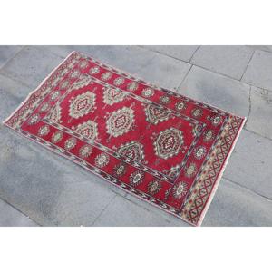 Turkish Vintage Rug, 2x3.8 ft Rug, <b>Red</b> White Ikat <b>Wool</b> Rug - Product Image 2