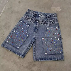 กางเกงยีนส์ขาสั้นคาร์โก้ผู้ชายแบบมีเพชรประดับเอวสองชั้น  รับผลิตแบบ OEM ODM พร้อมสกรีนโลโก้ตามสั่ง - Product Image 1