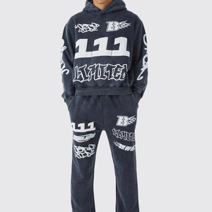 Chándal de algodón con estampado de logotipo personalizado de peso pesado, conjunto de sudaderas con capucha y pantalones de chándal de 500gsm para hombre, venta al por mayor - Product Image 1