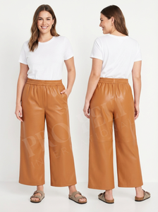 Custom Clothing Leather Cropped <b>Trousers</b> Women Elastic Waist Pocket Fashion Style Wear Everyday Comfort Fit Trend Leather Pants - Product Image 6