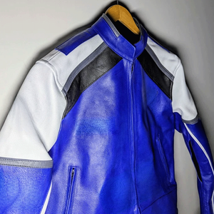 Chaqueta de moto de carreras de cuero azul y blanco estilo motorista retro, protecciones de armadura con certificación CE, chaqueta de montar en motocicleta para hombre - Product Image 3