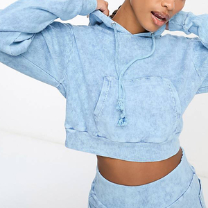 Sweat à capuche court à manches longues pour femmes avec cordon de serrage poche kangourou coupe délavée sweat haut taille XS pour l'hiver 2025 - Product Image 4