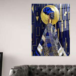 Elegante Arte en Lienzo de Mujer Real Africana: Impresión Decorativa Geométrica Azul y Dorada, ARTE EN VIDRIO TEMPLADO - Product Image 1