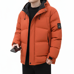 <b>Men's</b> Casual Winter Coated Windproof <b>Hooded</b> Stand Collar Contrast Color Cotton-<b>padded</b> Quilted Front Logo <b>Jacket</b> - Product Image 6