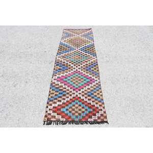 2.3x7.6 ft Rug, Vintage Turkish Rug, <b>Brown</b> Striped <b>Wool</b> Rug - Product Image 1