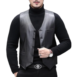 Gilet en cuir de mouton véritable marron vieilli élégant boutonné décontracté moto motard col de chemise avec caractéristique chauffante hiver - Product Image 5