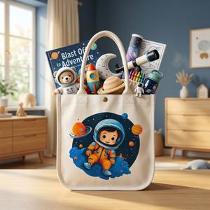 กระเป๋าผ้าแคนวาสสำหรับเด็ก Little Astro Buddy ขนาดกลาง กระเป๋าเก็บของพกพาสำหรับของเล่นและหนังสือธีมอวกาศ - Product Image 1