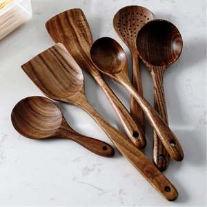 Juego de servidores de ensalada ecológicos de lujo de madera de acacia Natural de 7 piezas, 2 utensilios de cocina hechos a mano - Product Image 1