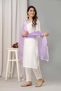 Conjunto de Kurta y Pantalones Bordados de Muselina Pura Étnica India y Dupatta de Organza, Traje Informal de Verano para Fiestas a Precio de Mayoreo - Product Image 6