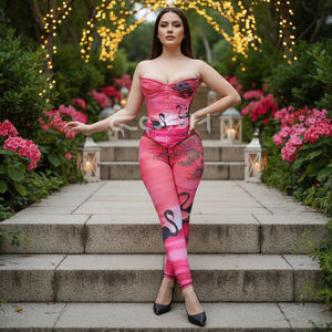 <b>Sexy</b> Womens 2 Piece Set Pink Swan Landscape Print Corset <b>Top</b> and High Waist Leggings Matching Set Party & Clubwear Outfits - Product Image 4