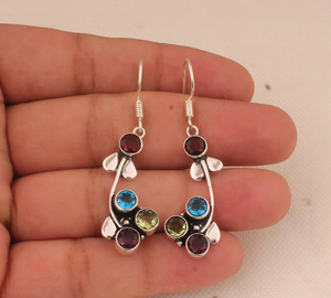 Boucles d'oreilles en quatre pierres multicolores pour femmes en argent sterling 925, faites à la main, pierres précieuses de taille ronde, cadeau d'anniversaire de mariage - Product Image 3