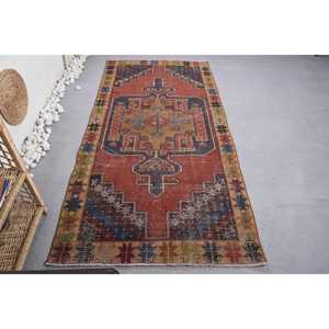 Alfombra de lana Kilim Vintage patrón geométrico rojo y azul 3,8X7,8 pies tejido plano entrada rectángulo para pasillo o entrada - Product Image 1