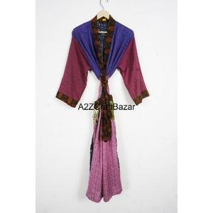 Kimono Indio Hecho a Mano 100% Seda con Cuello en V, Cordón Ajustable, Manga Tres Cuartos, Largo Completo, para Mujer, Elegante, Estilo Boho-Chic, para Novia - Product Image 1