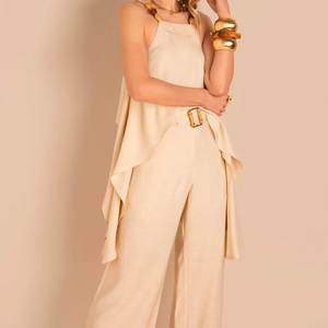<b>Women</b> Halter Neck Top and Wide Leg Pants Set Sleeveless Two Piece Outfit Solid Color <b>Resort</b> <b>Wear</b> - Product Image 4