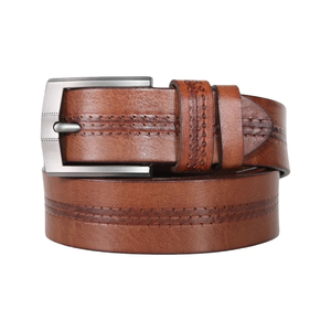 Men's Genuine Cowhide Leather <b>Belt</b> Solid Brown Formal Pin Buckle Silver Rectangular Durable One-Piece Molding - Product Image 4