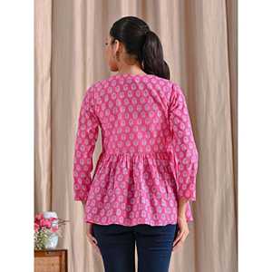 Top Peplum Rosa de Algodón Estampado Jaipuri, Transpirable, Casual, con Cintura Imperio - Product Image 4